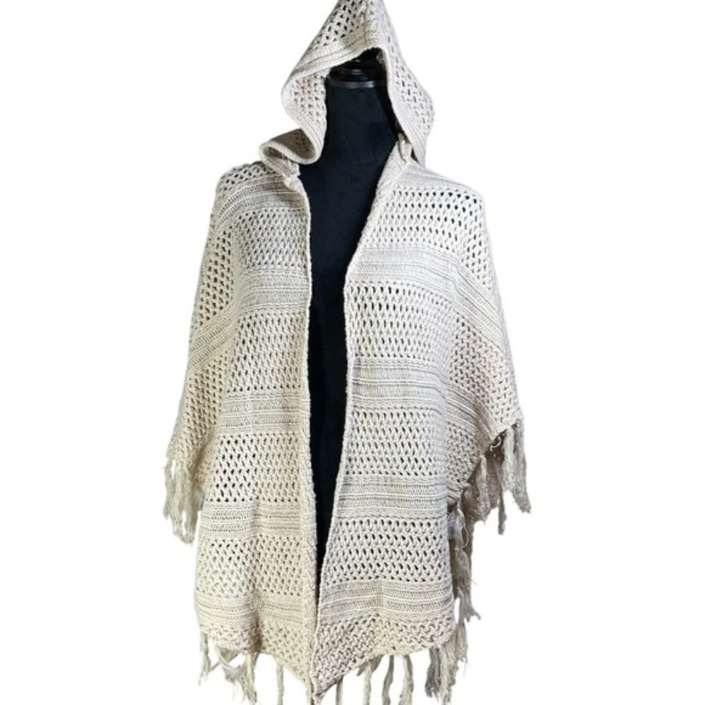 Cream Knit‎ Hooded Fringe Poncho Wrap coastal grandma western earthy hippie